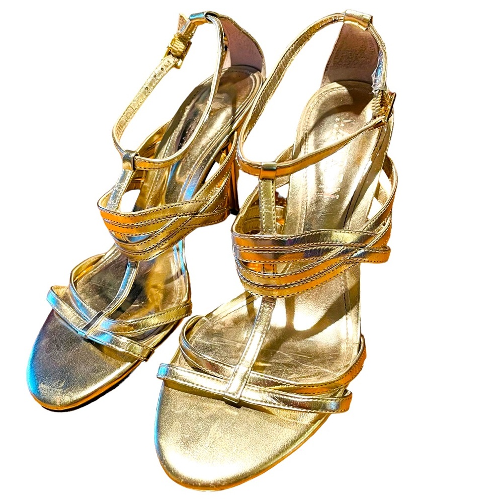 Ralph Laure gold leather strappy ankles strap stiletto sandals. 4.5”H. Sz6
